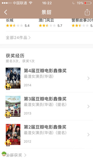景甜在豆瓣上的介绍页面，获奖经历笑死了
